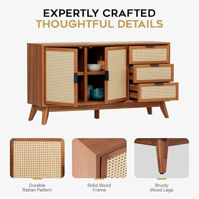 Bme Rattan Pre-Assembled Buffet Sideboard with 3 Drawers & 2 Doors, 58" Accent Console Table Living Room, Kitchen, Dining, Dark Chocolate, Jasper Storage Cabinet