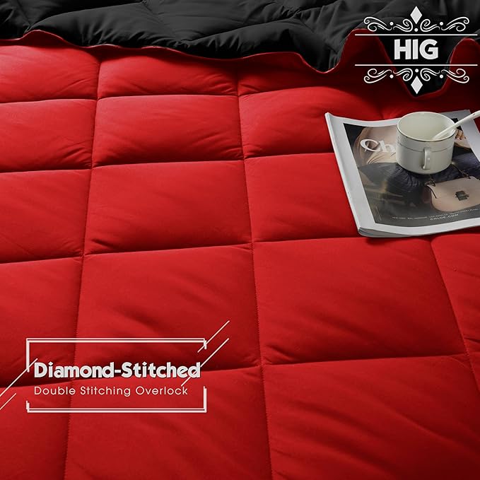 HIG 3pc Red Twin/Twin XL Comforter Set - All Season Reversible Down Alternative Comforter with Sham - Quilted Duvet Insert with Corner Tabs - Diamond Stitched Blanket - Breathable, Soft, Fluffy