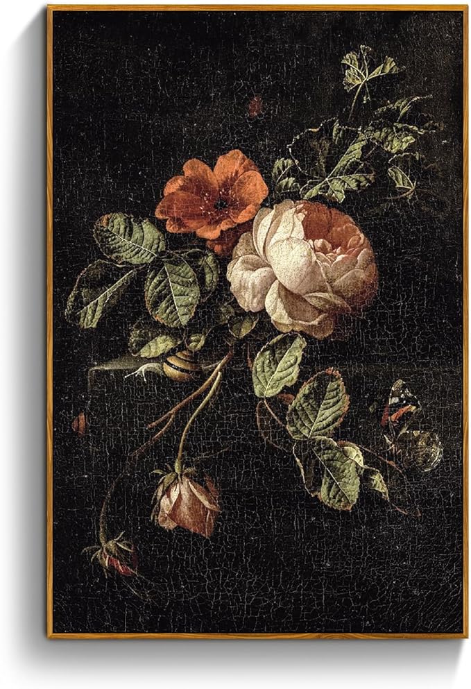crmotu Vintage Framed Wall Art, Botanical Floral Canvas Art Prints, Still Life Rose Rustic Farmhouse Decor, Antique Flower Black Wall Pictures for Living Room Bedroom Bathroom Office Artwork 16x24in
