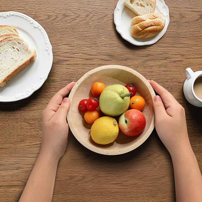 Marble Decorative Bowl for Kitchen Counter, Natural Travertine Serving Bowl with,Modern Display Bowl for Dining Table Centerpiece Home Decor(7.8 Inch)