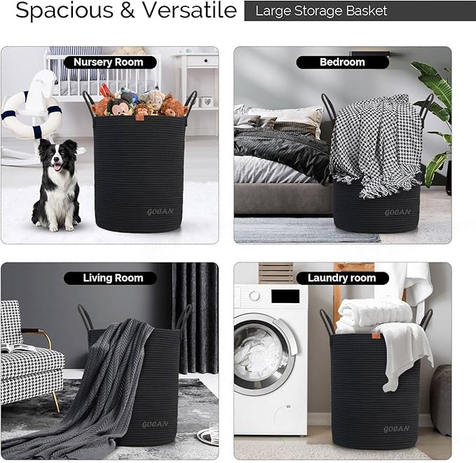 large tall sturdier Laundry Hamper Basket Woven Storage Baskets for clothes Pillows Blanket Toy in living or bed room decoration H50XD38cm black