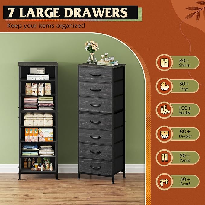 WLIVE Tall Dresser for Bedroom, 7 Drawer Dressers & Chests of Drawers, Fabric Dresser for Closet, Night Stand with Metal Frame, Storage Tower with Fabric Bins, Woodtop, Charcoal Black Wood Grain Print