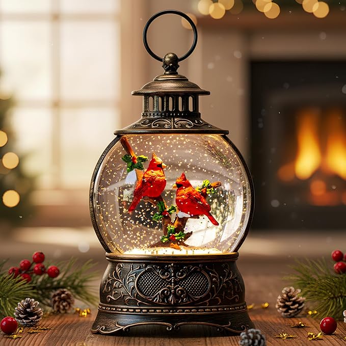 Christmas Village Snow Globe Lighted Cardinal Holly Scene, Musical Snow Water Lantern Swirling Glittering Home Decoration and Gift, Battery Operated or USB Powered