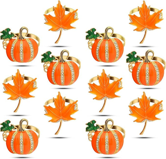 KPOSIYA Fall Napkins Rings, 12 Pcs Thanksgiving Napkin Ring Fall Maple Leaf Napkin Rings and Halloween Pumpkin Napkin Holders for Thanksgiving Table Decorations, Fall Banquet, Holiday Dinner Party