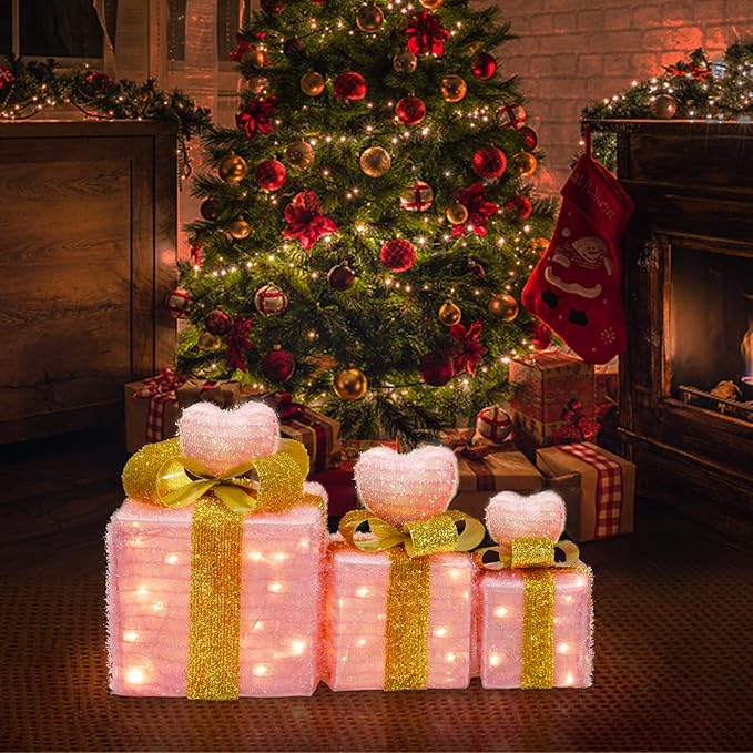 Wedding Decorations Light up Gift Boxes with Pink Heart, Light up Xmas Boxes with Battery Operated for Wedding Christmas Valentine's Day Decorations Indoor and Outdoor (3 Pack) (Pink Heart)