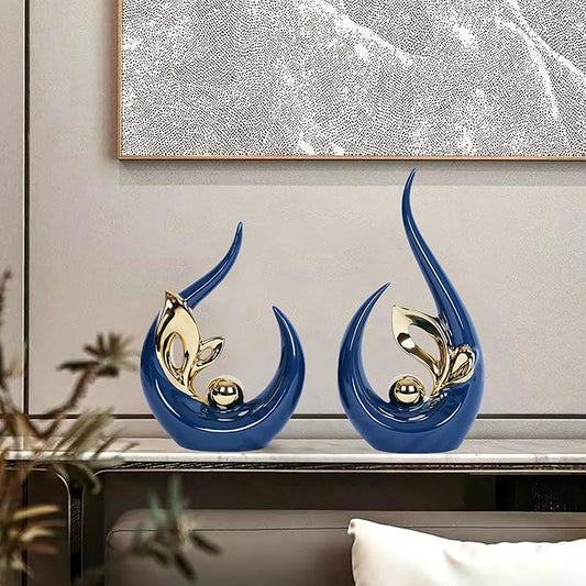 2 PCS Navy Blue and Gold Mid Century Modern Ceramic Statue Sculpture - Home Decor for Living Room, Kitchen, Coffee and Dining Table Centerpieces