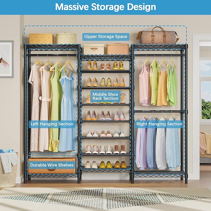 VIPEK S3C Heavy Duty Portable Closet with Adjustable Shoe Rack Wire Shelf, Large Wardrobe Organizer for Bedroom Storage, Freestanding Clothes Rack with Hanging Rod, Custom Black Rack with Black Cover