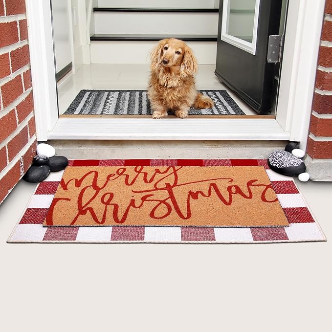 2 Pcs Christmas Door Mat Xmas Welcome Non Slip Coir Mats Merry Christmas Red White Buffalo Plaid Floor Layering Doormats Seasonal for Front Porch Entryway Decor(Red White Buffalo)