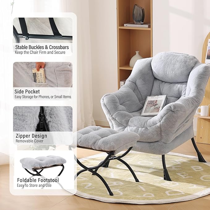 Lazy Chair with Ottoman, Modern Reading Chair with Folding Footrest, Comfortable Lounge Accent Chair for Bedroom, Study, Living Room, Courtyard (Plush Grey)