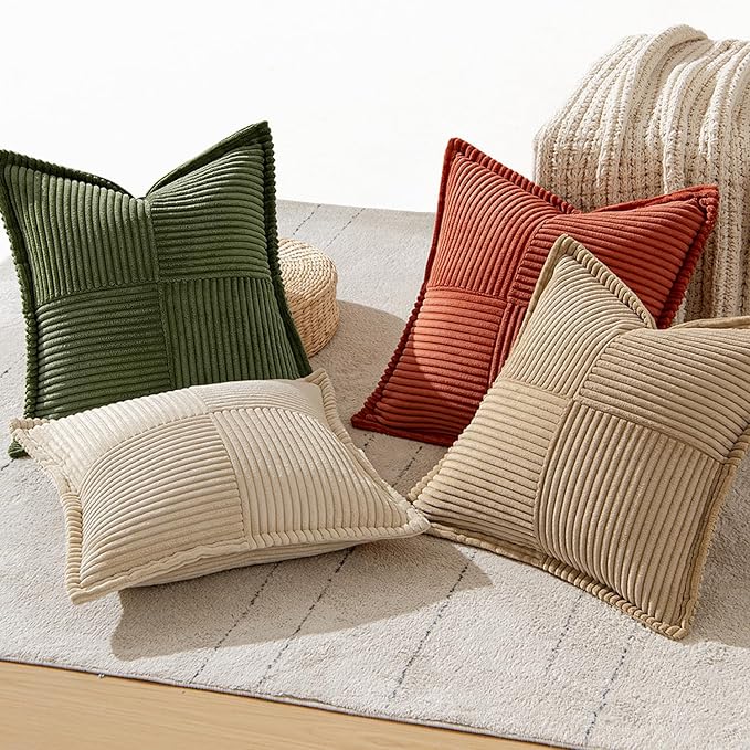 MIULEE Fall Rust-Olive Green Throw Pillow Covers 18x18 Inch 4 Packs Soft Boho Color-Clash Farmhouse Pillow Cases Accent Modern Cushion Cases for Couch Sofa Bed Corduroy Patchwork Home Decor