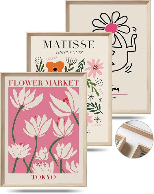 UPWOIGH Framed Wall Art, 12x16in Abstract Henri Matisse Canvas, 12" x 16" Wood Frame Pink Flower Market Wall Decor, Minimalist Set of 3 for Living Room