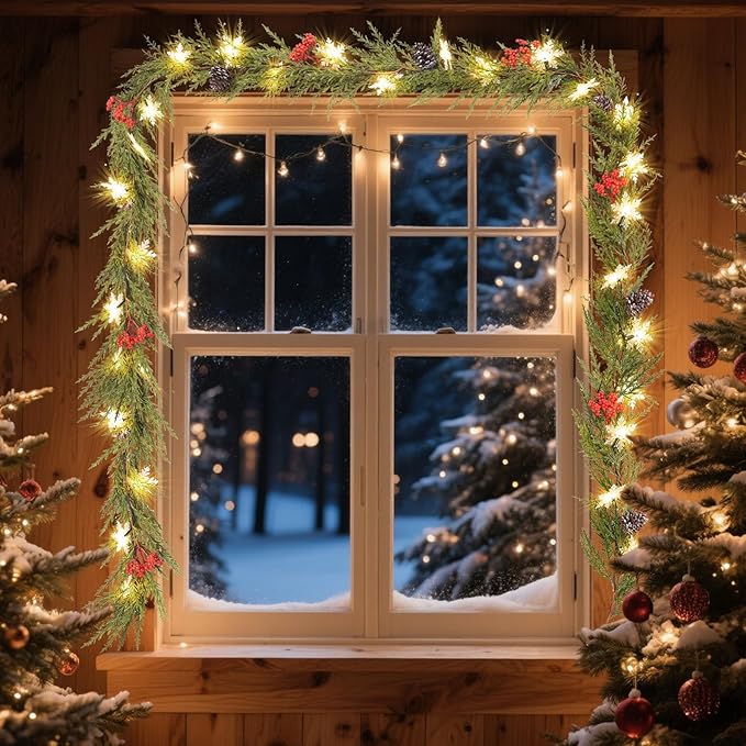 6FT Christmas Garland with Lights, Christmas Decor Pre-lit Artificial Pine Garland with Battery Operated, Decorations Indoor Outdoor Home Holiday Garland for Mantel Window Stairs