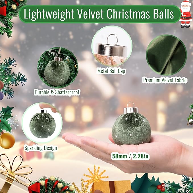 Christmas Tree Ornaments Set Velvet Balls, 15pcs Shatterproof Christmas Bulbs Ornaments for Xmas Tree Decorative Hanging, Vintage Flocked Decoration, 58mm, 2.3in, Multicolor Green Brown Neutral