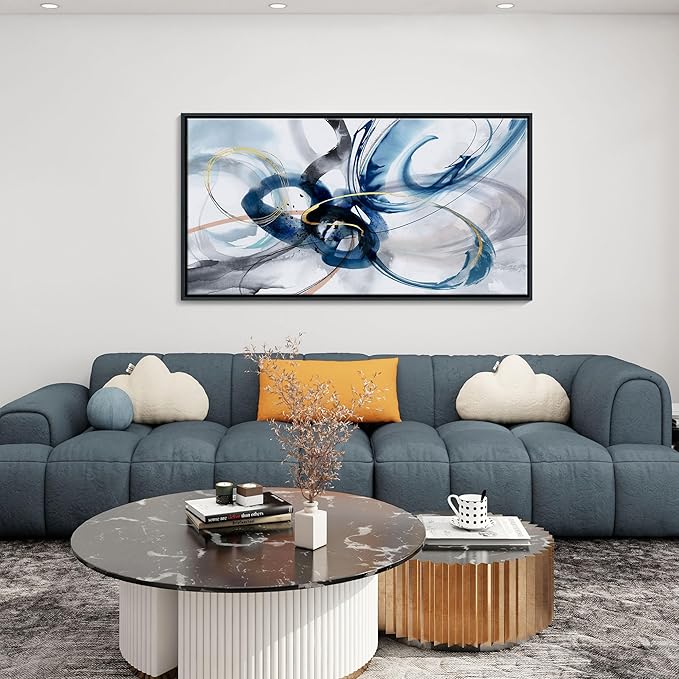 KLAKLA Modern Abstract Canvas Wall Art - Frame Wall Decor Living Room Picture Artwork for Office Bedroom Blue and White Decorative Paintings