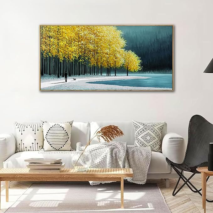 KLAKLA Large Wall Art - Yellow Bedroom Birch Tree Valley Snowy Forest Wild Lakes Landscape Canvas Pictures Wall Decoration for Living Room Office Home Decor - 48x24 Inches