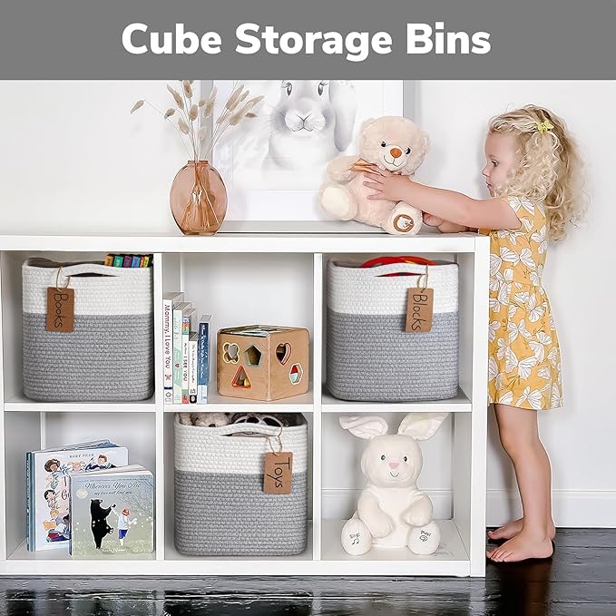 INDRESSME 11x11 Cube Storage Bins, 3-Pack Rope Woven Basket for Organizing Cube Toy Baskets Storage Kids, Square Baskets for Cloth Towel, Book Basket, Bathroom, White & Grey