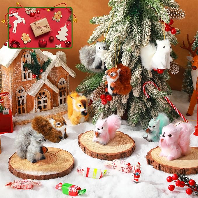 Skylety 10 Pieces Forest Animals Ornaments Woodland Animal Faux Fur Plush Hanging Ornaments Family Educational Playset for Fall, Christmas, Winter Birthday Party Supplies(Squirrels)