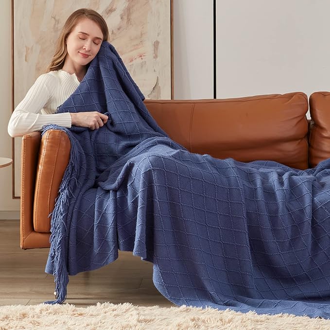 inhand Navy Blue Throw Blanket for Couch and Bed, Soft Living Room Home Decor Knitted Blanket with Tassel, Outdoor Lightweight Breathable Summer Blanket, Farmhouse Warm Woven Decorative, 50"x60"