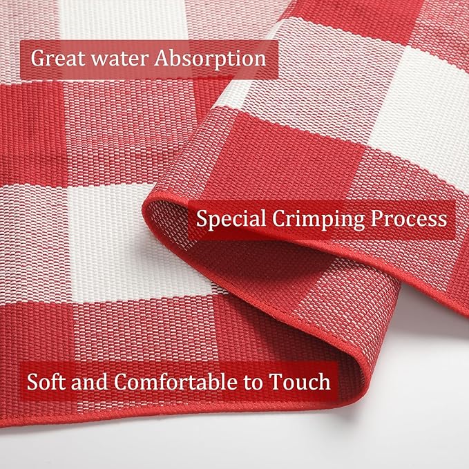 SEEKSEE Cotton Buffalo Plaid Rug 3'x5' Red and White Checked Rug Washable Doormats Indoor Outdoor Rugs for Layered Front Door Mats, Porch, Kitchen, Farmhouse, Entryway