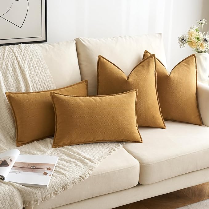 MIULEE Pack of 2 Mustard Yellow Decorative Lumbar Pillow Covers 12x20 Inch Soft Chenille Luxurious Couch Throw Pillows Farmhouse Cushion Covers with Elegant Design for Sofa Bed Living Room Home Decor