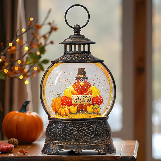 Fall Decor Turkeys Snow Globe Lantern, Thanksgiving Decoration Indoor Tabletop Centerpiece, Swirling Glitter Pumpkins Snow Globe with Turkey, Harvest Day Gifts, Home Fall Halloween Decor