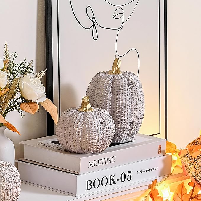 Fall Pumpkin Decor, Resin Pumpkin Figurine Set of 2, Decorative Fake Pumpkin for Decorating, Light Gray and Gold Glitter Pumpkins with Dots for Home Table Centerpiece, Wedding, Thanksgiving