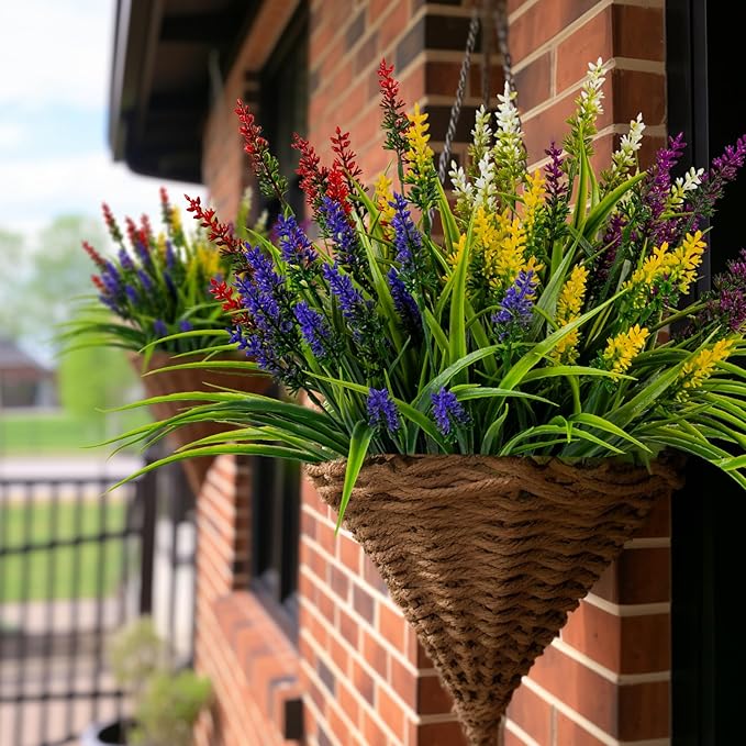 Artificial Flowers for Outdoor Plants 24 Bundles Fake Lavender Plastic Faux Monkey Grass for Verandah Window Garden Office Patio Front Porch UV Resistant for Planter(5 Colors)