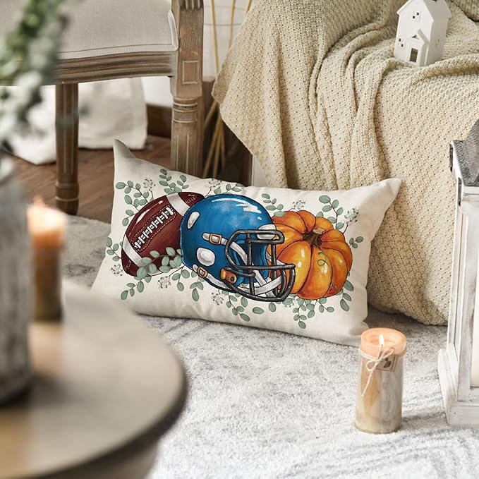 AVOIN colorlife Fall Football Pumpkin Throw Pillow Cover 12x20 Inch, Seasonal Autumn Eucalyptus Leaves Thanksgiving Harvest Blue Cushion Case Decoration for Sofa Couch