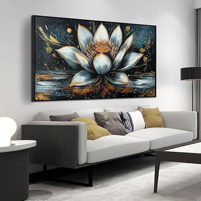 Lotus Flower Hand Painted Wall Art for Bedroom - Black and White Pictures Wall Art for Living Room - Black Framed Wall Art for Office Size 29" x 59"