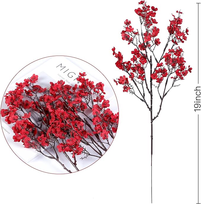 Sggvecsy 15 Pcs Babys Breath Artificial Flowers Gypsophila Bouquets Bulk Real Touch Fake Silk Flowers for Home Wedding DIY Floral Arrangement Kitchen Christmas Centerpiece Festival Decoration (Red)