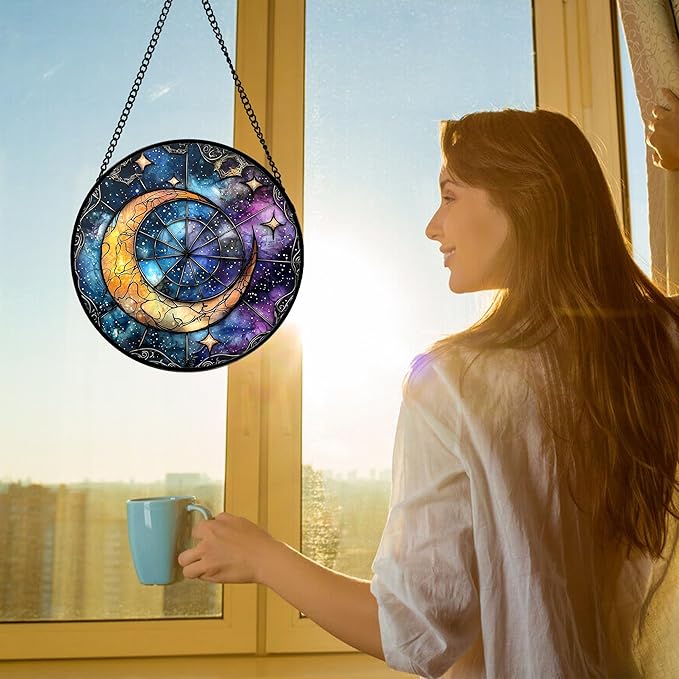 Stained Glass Window Hanging, Blue Starry Sky Moon Astrolabe Suncatcher for Doors Home Sun Catchers Decoration and Christmas, Mother's Day Birthday Gifts for Women, Men, and Mom 7.8 in
