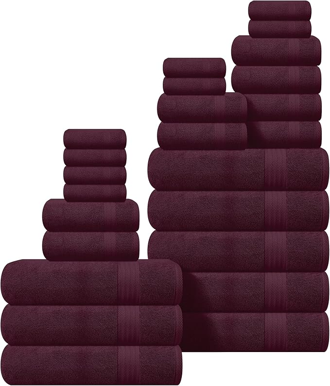 GLAMBURG Ultra Soft 24-Piece Towel Set - 100% Pure Ringspun Cotton, Contains 8 Oversized Bath Towels 27x54, 8 Hand Towels 16x28, 8 Wash Cloths 13x13 - Ideal for Everyday use, Hotel & Spa - Burgundy
