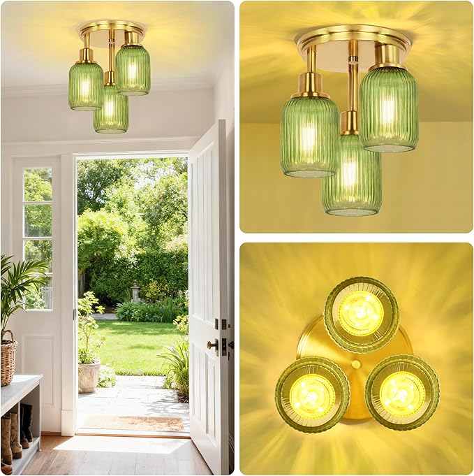 Semi Flush Mount Ceiling Light, 3-Light Close to Ceiling Light Fixtures, Brass Gold Finish Kitchen Light Fixtures with Green Glass Shade Patriot Lighting for Entryway Porch Hallway Foyer