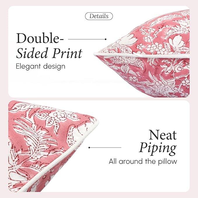 CPC 100% Cotton Throw Pillow Covers 18x18 Inch, Set of 2 Pink Block Print Pattern Couch Pillow, Cute Boho Decorative Pillows for Living Room, Bedroom with Hidden Zipper- Coral Pink