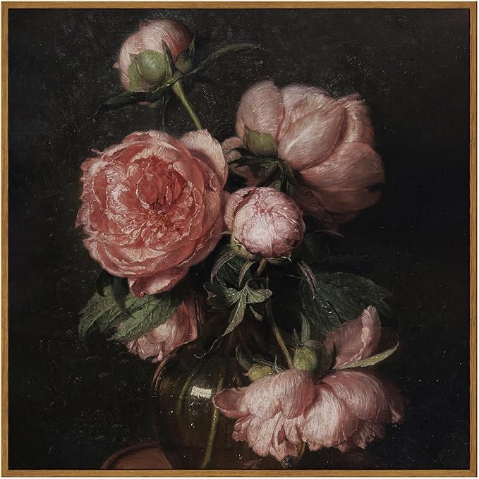 InSimSea Square Framed Canvas Wall Art, Large Decor Vintage Peony Flower Paintings, Floral Wall Pictures for Bedroom Bathroom Living Room, Canvas Prints Artwork, Farmhouse Decor 20"x20"