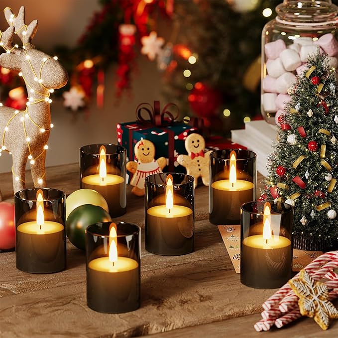 12Pack Flickering Flameless LED Candles with Timer, Battery Powered - Small Pillar & Votive, Black (2"X3")