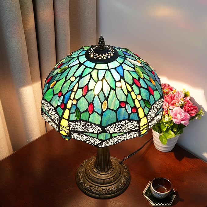 Tiffany Style Stained Glass Table Lamp 12 Inch Blue and Green Dragonfly Reading Bedside Lamp Suitable for Study Dormitory Bedside Coffee Shop Retro Table Lamp Home Decoration Art