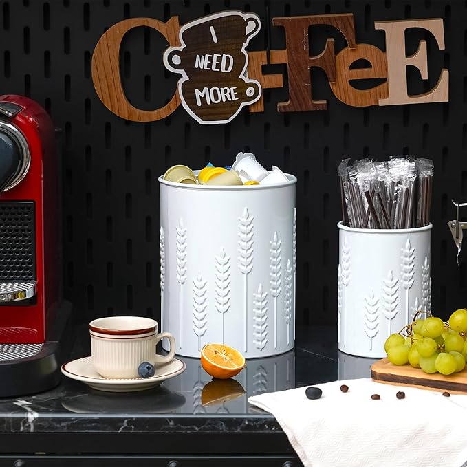 2 Pack Metal Utensil Holder for Kitchen Counter, 7.3"+5.4" Large Cooking Utensil Organizer Ear of Wheat Pattern Embossed Utensil Caddy for Party Cutlery Tool Holder Storage, White