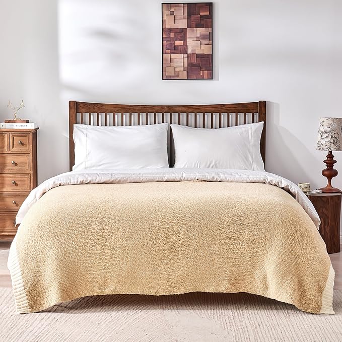 CozeCube Melange Blanket, Ultra Soft Khaki Tan and White Throw Blanket, Warm Cozy Knit Fuzzy Plush Reversible Throw for Couch Bed Sofa, 50"x60"