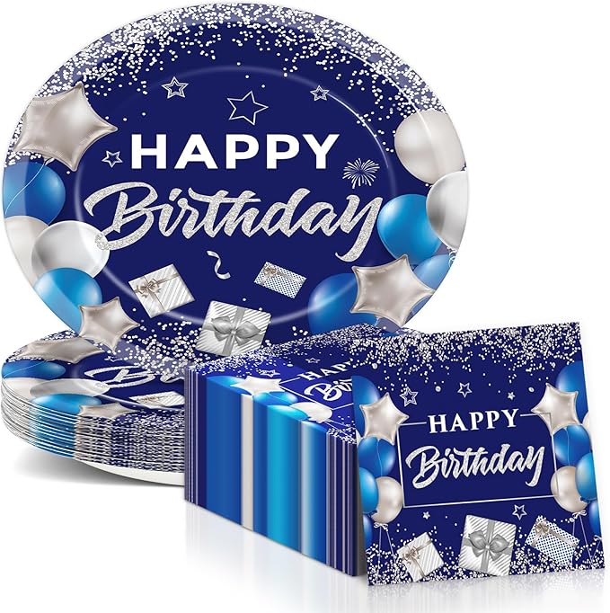 Birthday Oval Paper Plate 11inch Large Happy Birthdays Plates and Napkins, Blue and Silver Party Decoration Favor Dish Tray for Man Woman Bday Baby Shower Holiday Gathering Supplies Tableware 25 Guest
