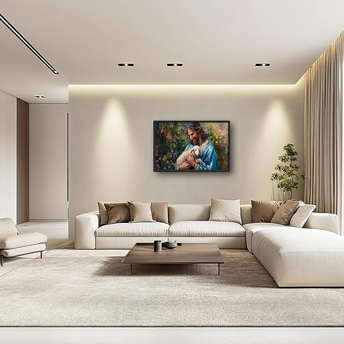 Flintis Large Jesus and Lamb Wall Art Christian Jesus Portrait Pictures Wall Decor Religion Canvas Painting Print Artwork Decoration Framed for Living Room Bathroom Master Bedroom Office 36L x 24W