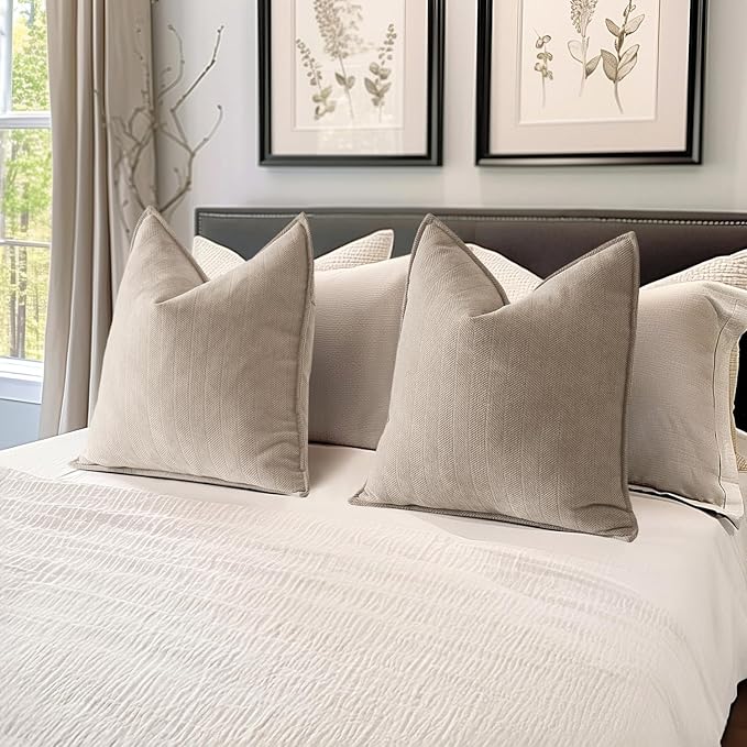 MIULEE Pack of 2 Beige Decorative Pillow Covers 18x18 Inch Soft Chenille Luxurious Couch Throw Pillows Farmhouse Cushion Covers with Elegant Design for Sofa Bedroom Living Room Home Decor