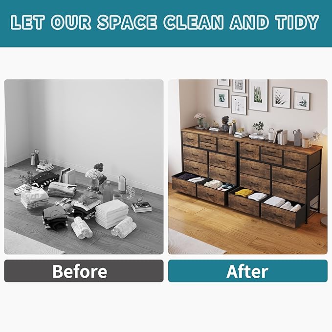 LUMTOK 10-Drawer Dresser, Fabric Storage Dressers for Bedroom, Hallway, Nursery, Closets, Steel Frame, Wood Top, Easy Pull Handle (Rustic Brown)