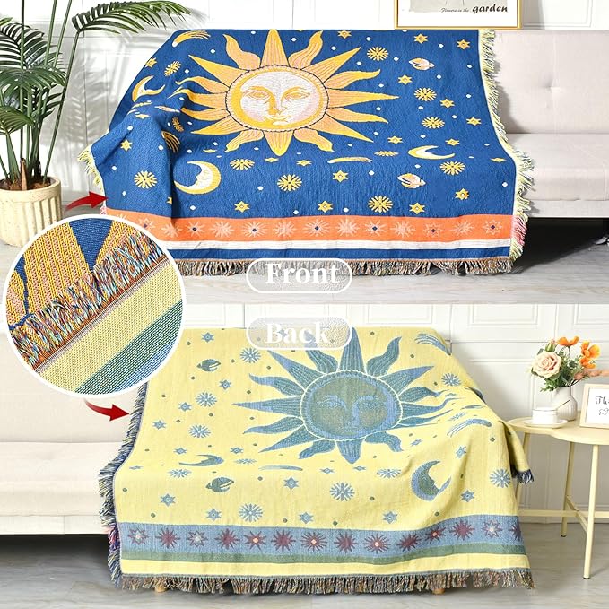 Boho Throw Blanket Reversible Cotton Bohemian Tapestry Hippie Room Decor Outdoor Blanket Double Sided (Boho Sun Blue 50"x60")