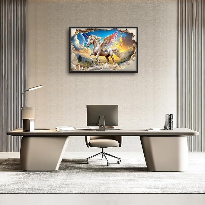 Framed Large Wall Art for Living Room, Unicorn Canvas Wall Decor, Large White Horse Pictures Framed Painting, Natural Landscape Artwork for Bedroom Office Home Decor 36L'' × 24W''