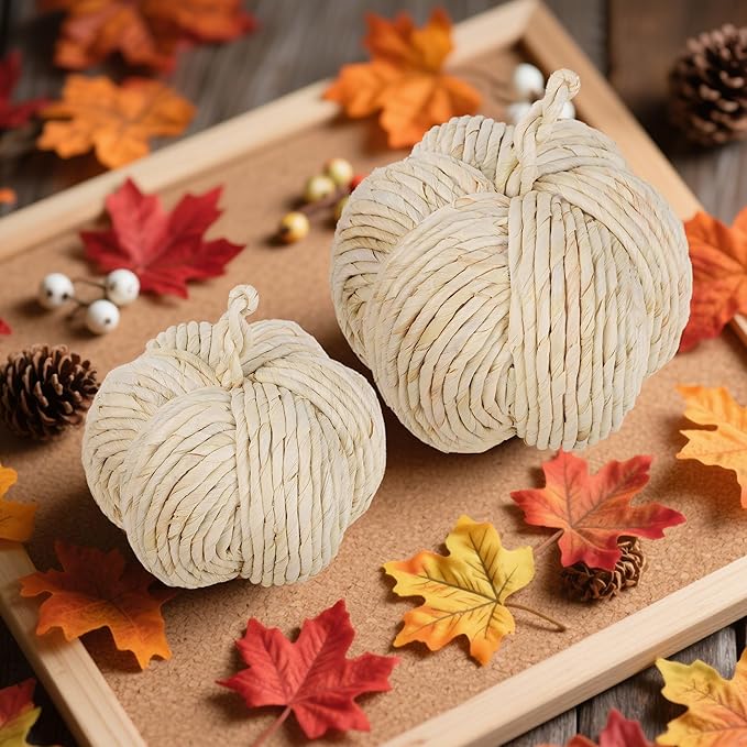winemana 2 Pack Woven Pumpkin Decor - Fall & Thanksgiving Home Decorations, White Pumpkins Farmhouse Autumn Centerpieces for Table, Mantel, Porch Decor (Cattail Material, Assorted Size)