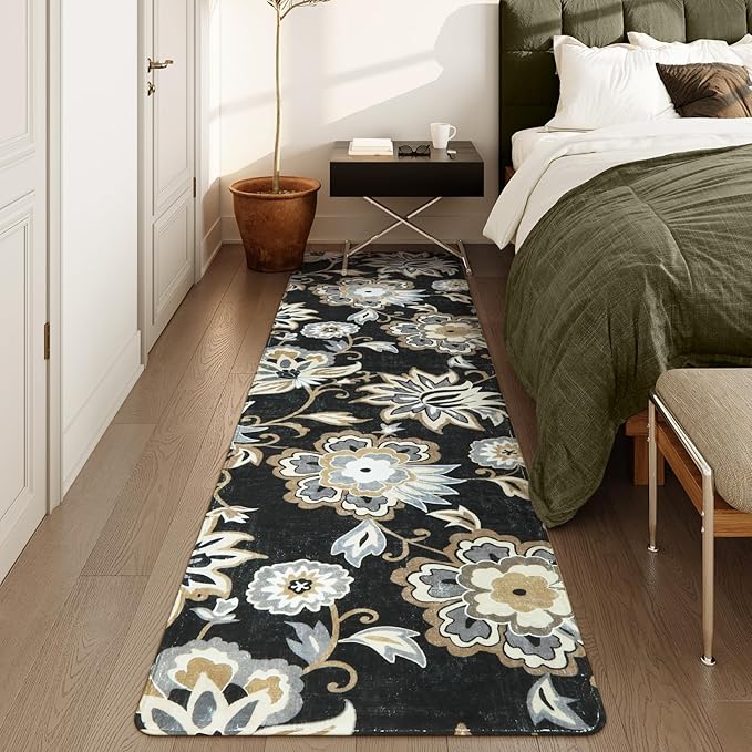 Lahome Floral Black Runner Rug - 2x8 Kitchen Runners Non Skid Washable 8 Ft Non-Slip Stain Resistant Long Runner Rugs for Hallway, Paisley Print Accent Ultra-Thin Runners for Bedroom Entryway Foyer