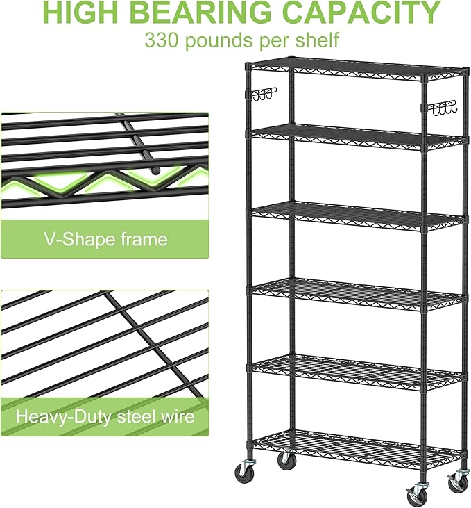 Metal Steel Shelving with Wheels Rack Unit, 6-Tier Rolling Storage Shelf Adjustable Wire Rack Organizer Utility Storage Shelving for Home Kitchen Garage Pantry(6-Tier Shelf)