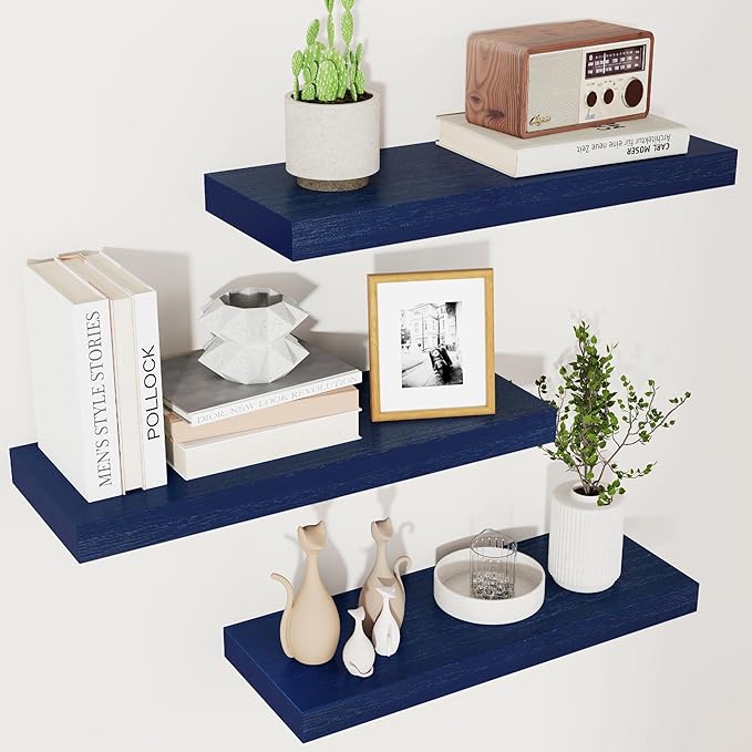 Solid Wood Floating Shelves Set of 3 - Modern Blue Shelves for Wall Decor Storage in Bedroom, Living Room, Bathroom, Kitchen - Dark Blue