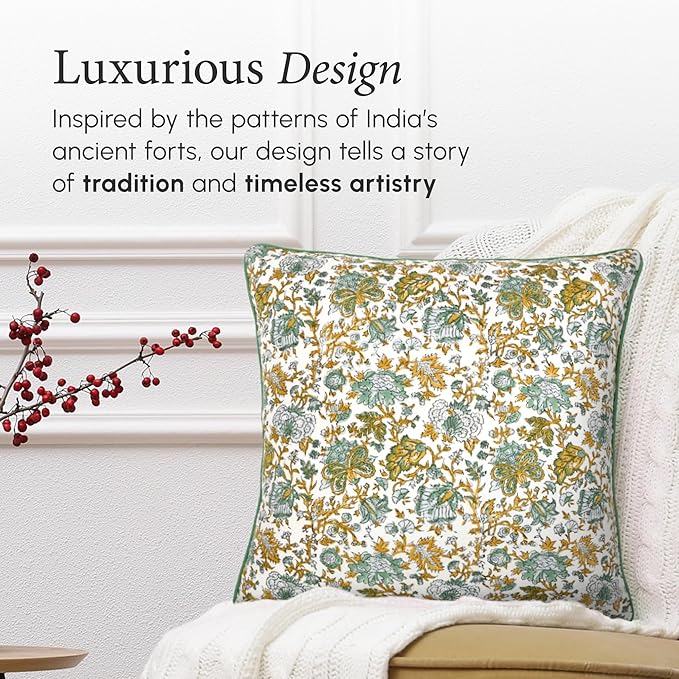 CPC 100% Cotton Throw Pillow Covers 20x20 Inch, Set of 2 Blue Block Print Pattern Couch Pillow, Cute Boho Decorative Pillows for Living Room, Bedroom with Hidden Zipper- Blue Topaz